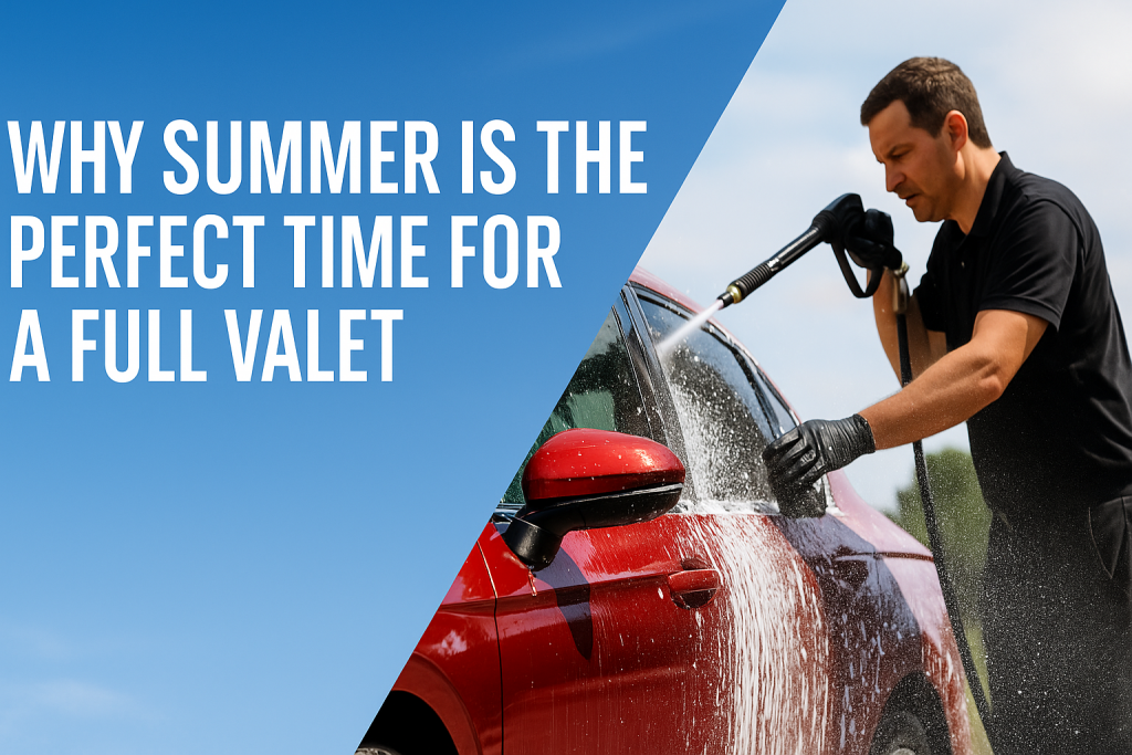 A professional car valet cleaning a red vehicle under a bright summer sky, promoting Shineworx's Full Worx Valet service.